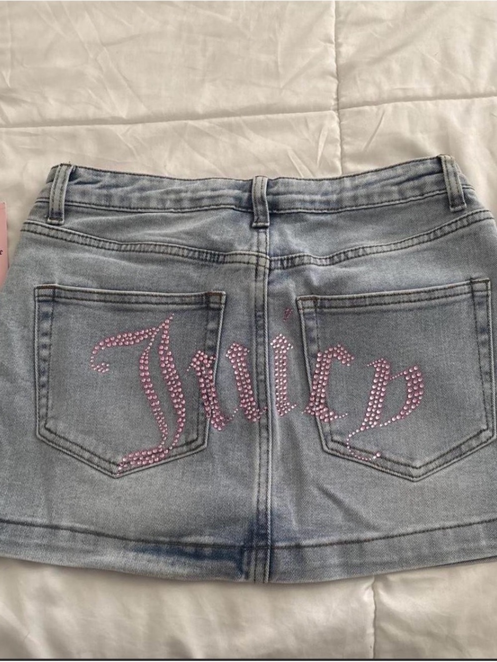 Juicy Couture Light Blue Denim Mini Skirt with Pink Crystal 'Juicy' Back Logo